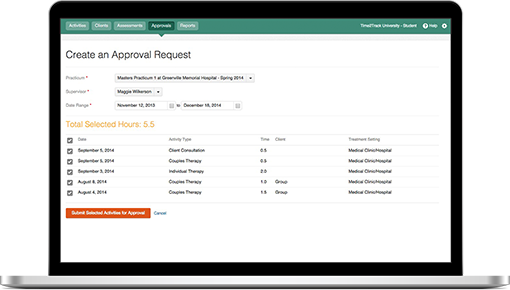 Time2Track allows students to request approvals from supervisors