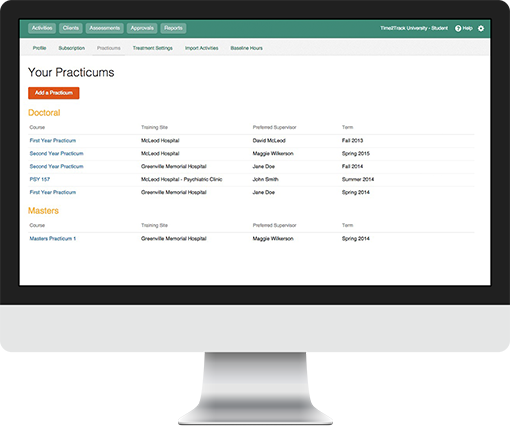 Time2Track Supervisor Practicum Management Screen for Hour Tracking