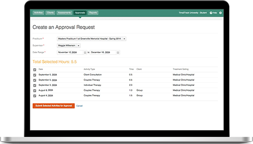 Online_Approvals_Create_Approval_Request_MBP_510px Time2Track allows students to request approvals from supervisors