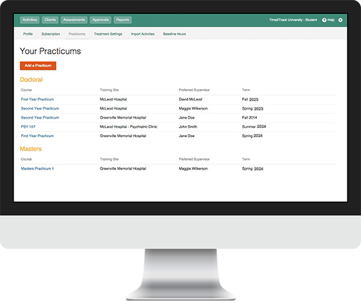 Online_Approvals_Your_Practicums_iMac_510px Time2Track Supervisor Practicum Management Screen for Hour Tracking